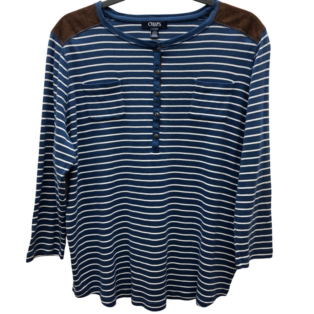 Chaps Striped Henley Size 2X Top Brown Faux Suede Shoulder Patch 3/4 Sleeve